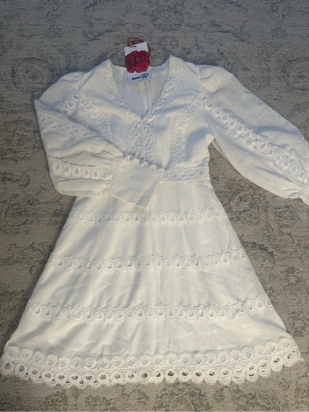 Long-Sleeve Cream Lace V-Neck Mini Dress - Picture 4 of 4